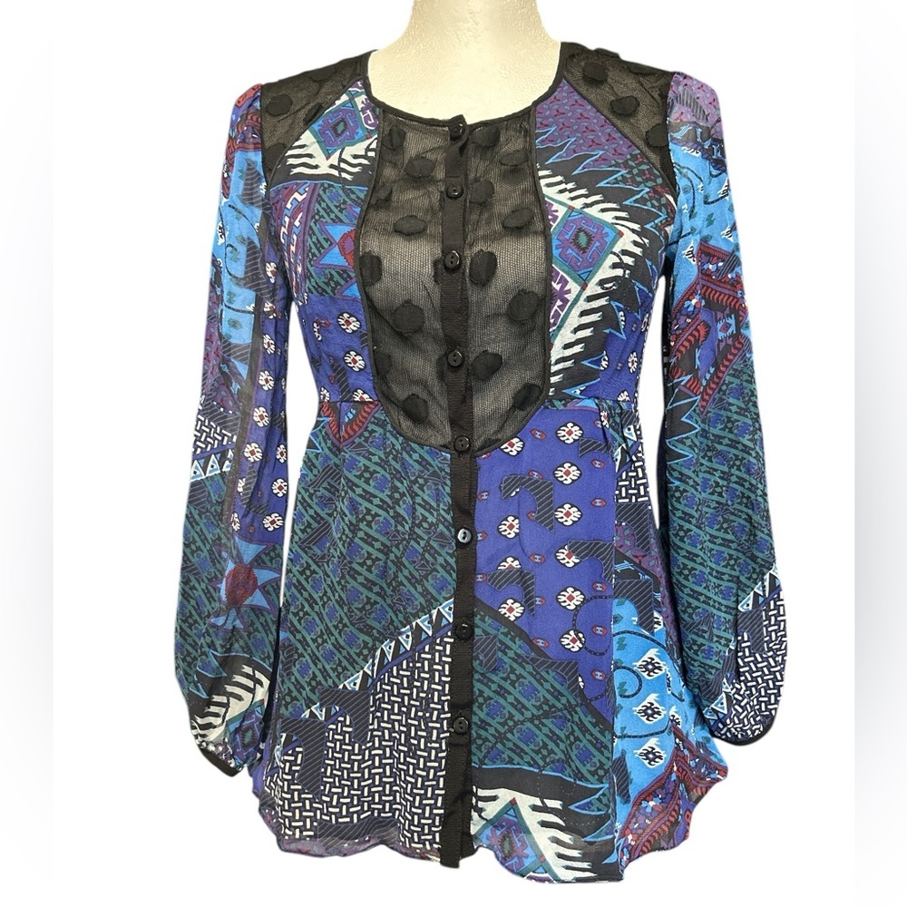 Nanette Lepore Silk Patchwork Blouse Blue Geometric Mesh Bib Top 385-1231 Size 4